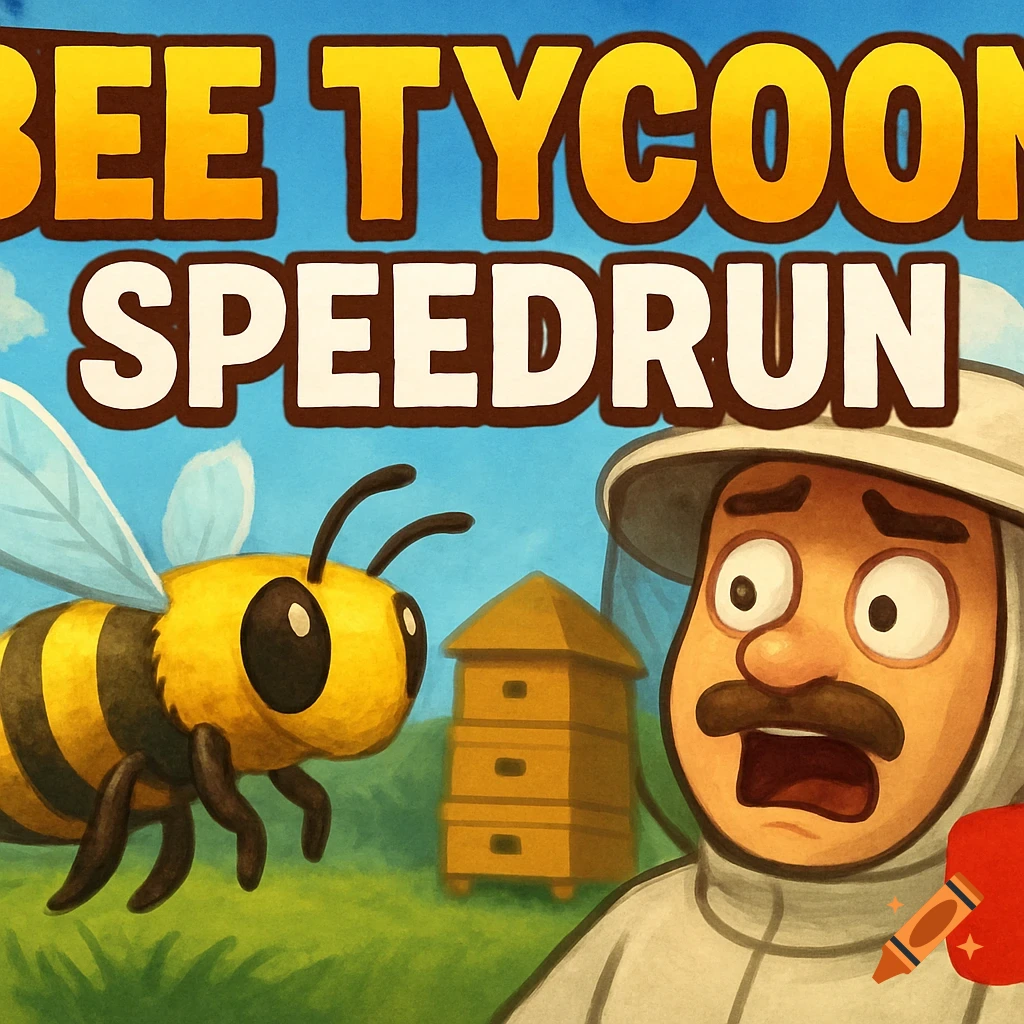 Cartoon illustration of a bee, a scared beekeeper, and a beehive with text 'BEE TYCOON SPEEDRUN'.