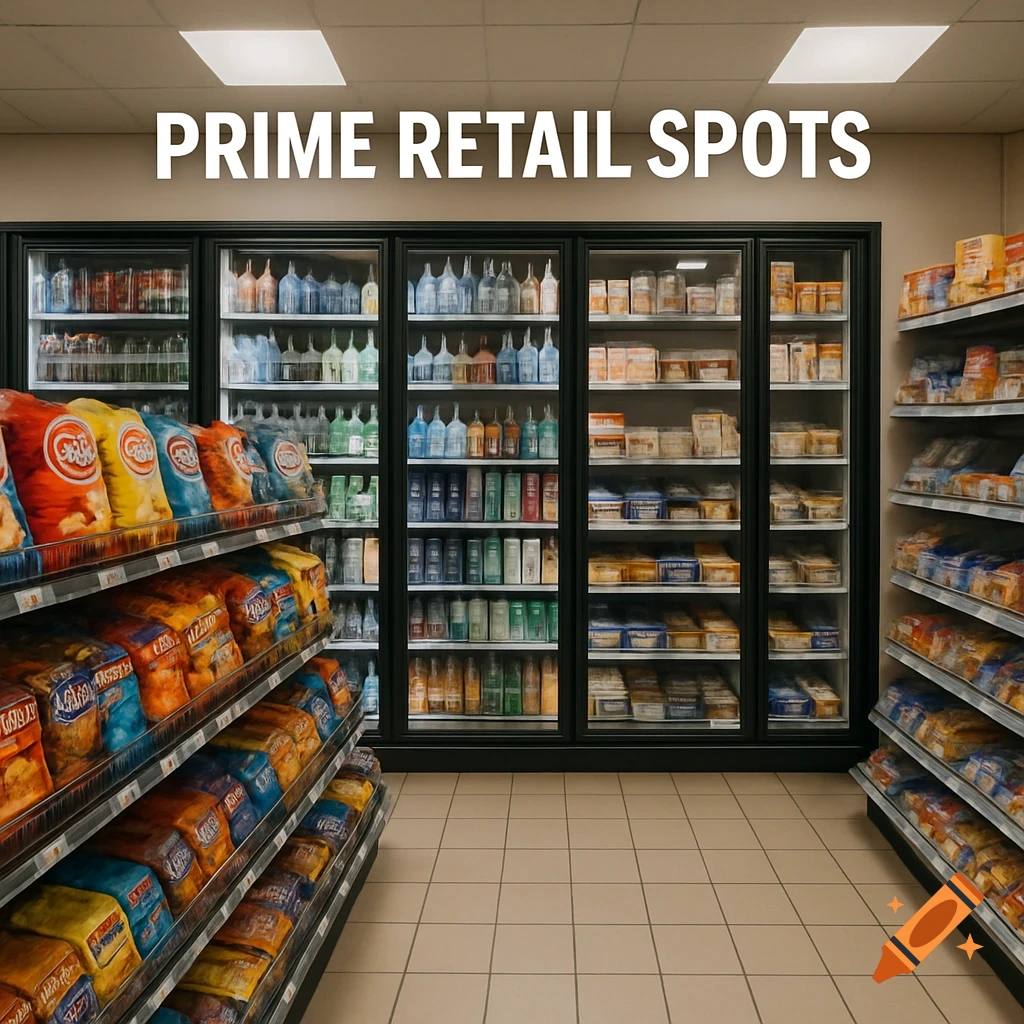 View down a store aisle with shelves of snacks and drinks, text overlaid says PRIME RETAIL SPOTS.