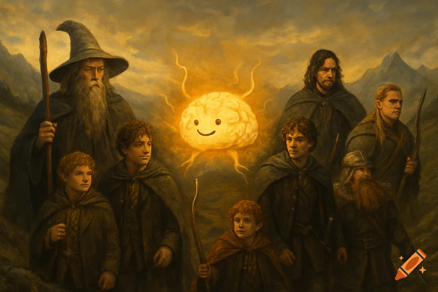 A painterly scene of fantasy characters resembling the Fellowship of the Ring standing with a glowing, smiling brain in the center.