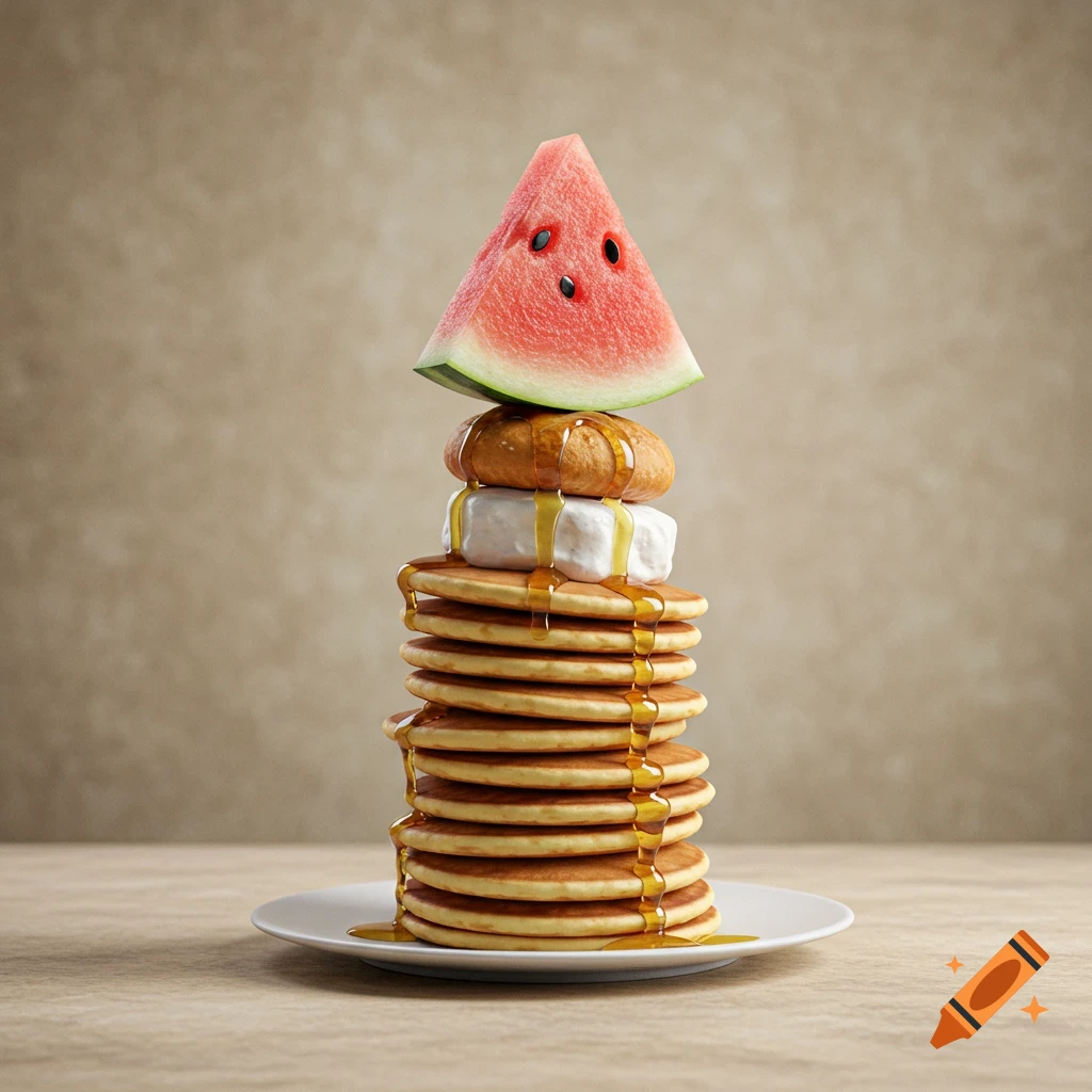 A tall stack of pancakes with syrup, butter, pastry, and watermelon slice in a photorealistic style.