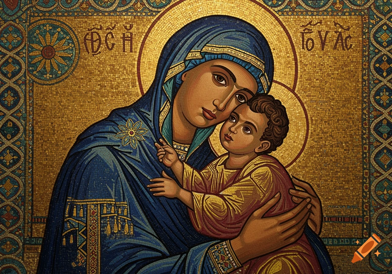 Icon mosaic of the Virgin Mary holding baby Jesus.