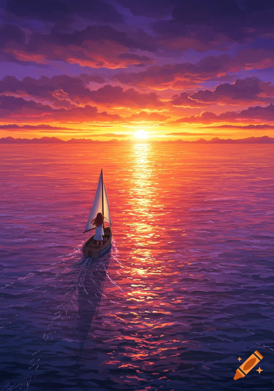 A person sails a boat on vibrant purple and orange water during a sunset. Illustration.