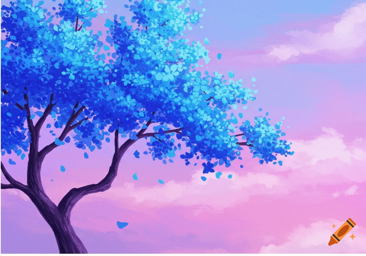 Stylized painting of a blue tree against a pink and purple sky.