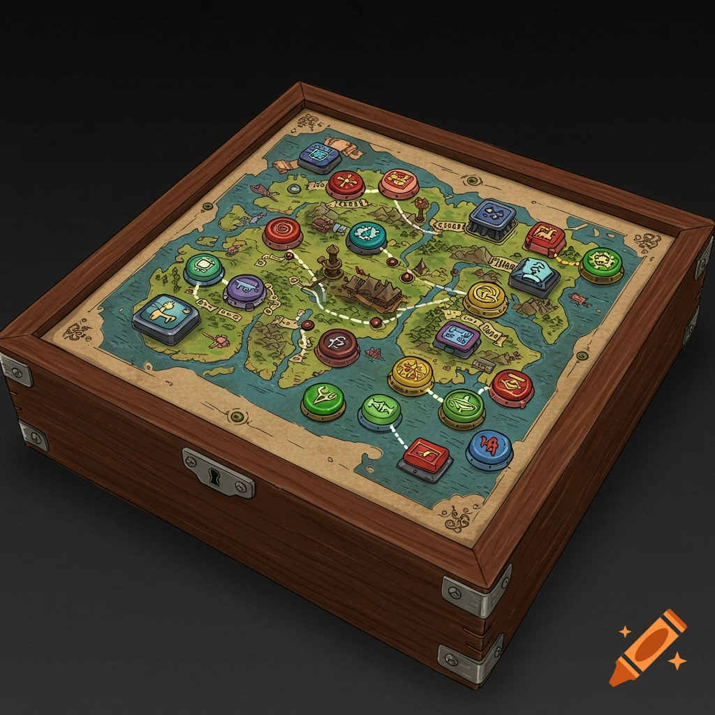 Overhead view of a wooden box containing a fantasy map with colorful push button game pieces.