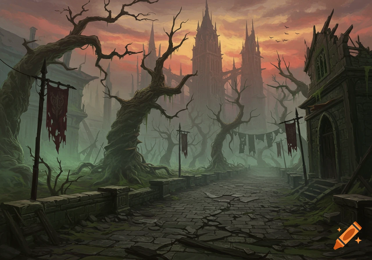 A dark fantasy landscape with ruined Gothic buildings, twisted trees, and a stone path leading through fog.
