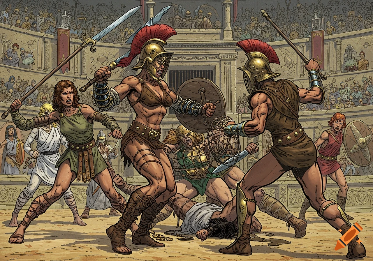 Female gladiators fight in a coliseum, comic art style.