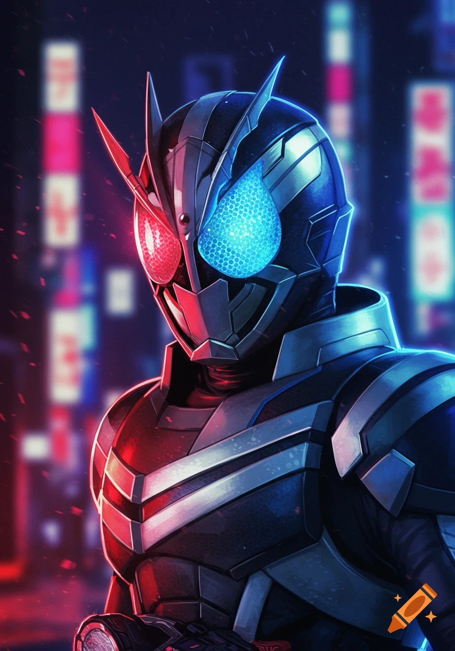 Close-up illustration of a masked superhero with red and blue eyes against a blurry, neon-lit city background.