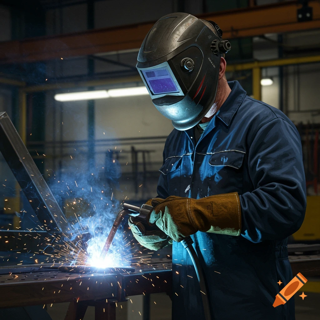 A welder works on metal, creating sparks.