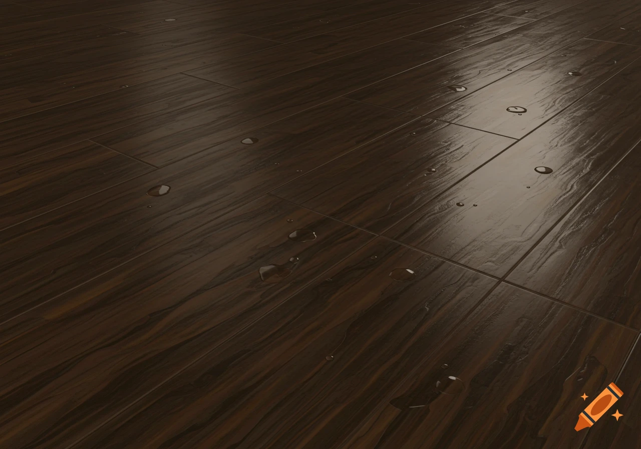 Dark wood floor planks with scattered water droplets