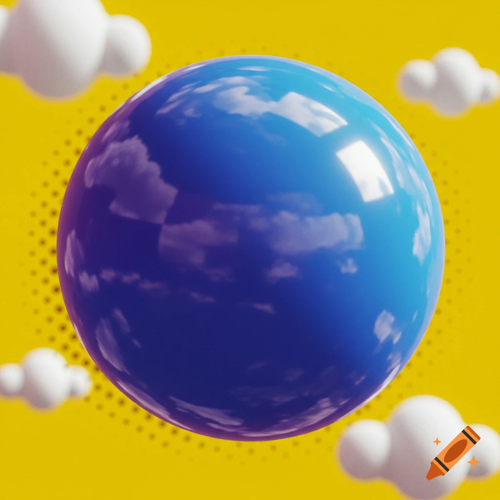 A glossy blue and purple sphere with cloud reflections on a yellow background with dot pattern and soft white 3D clouds.