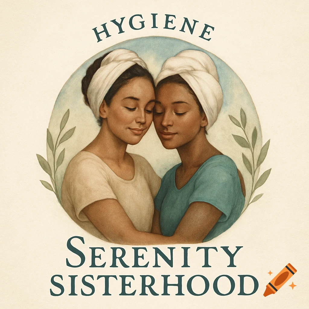 Illustration of two women with towels on their heads embracing, with text 'HYGIENE SERENITY SISTERHOOD'.