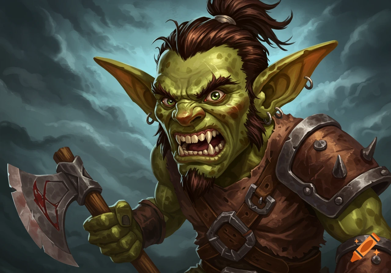 An angry green goblin with large ears holds a bloody axe against a cloudy sky in a fantasy illustration.
