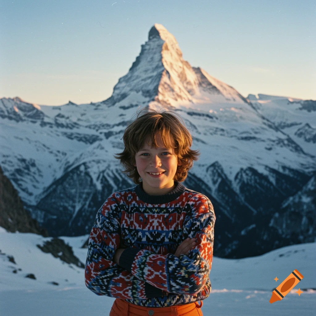 Smiling boy in a colorful sweater with arms crossed stands in snowy mountains, 1990s photo style.
