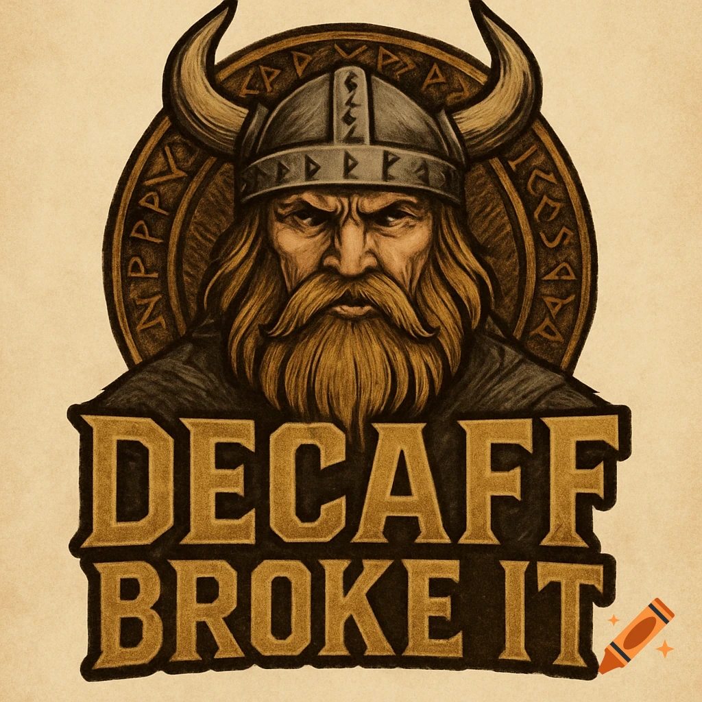 Viking logo with horned helmet and beard, featuring the text 'DECAFF BROKE IT'