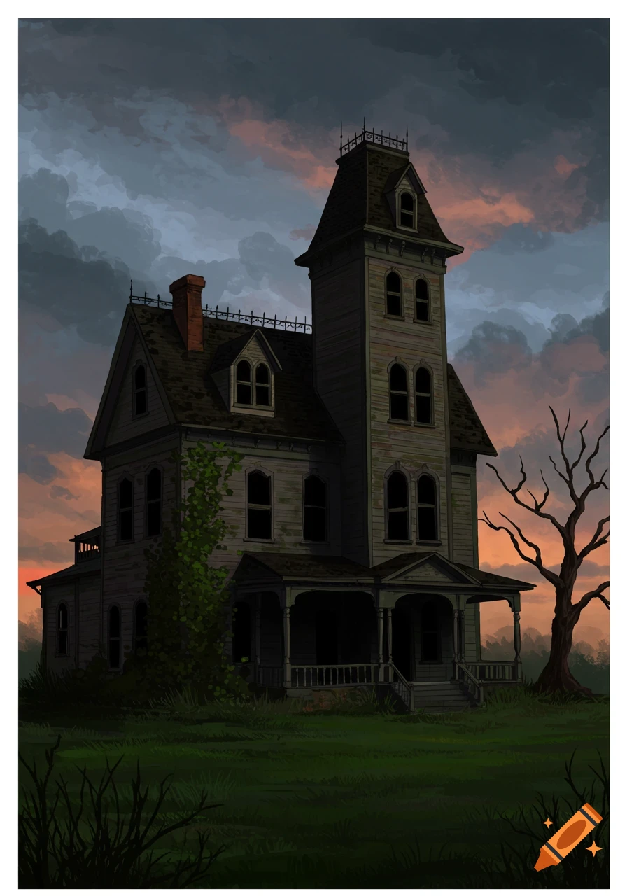 An old, spooky Victorian house under a dramatic sunset sky.