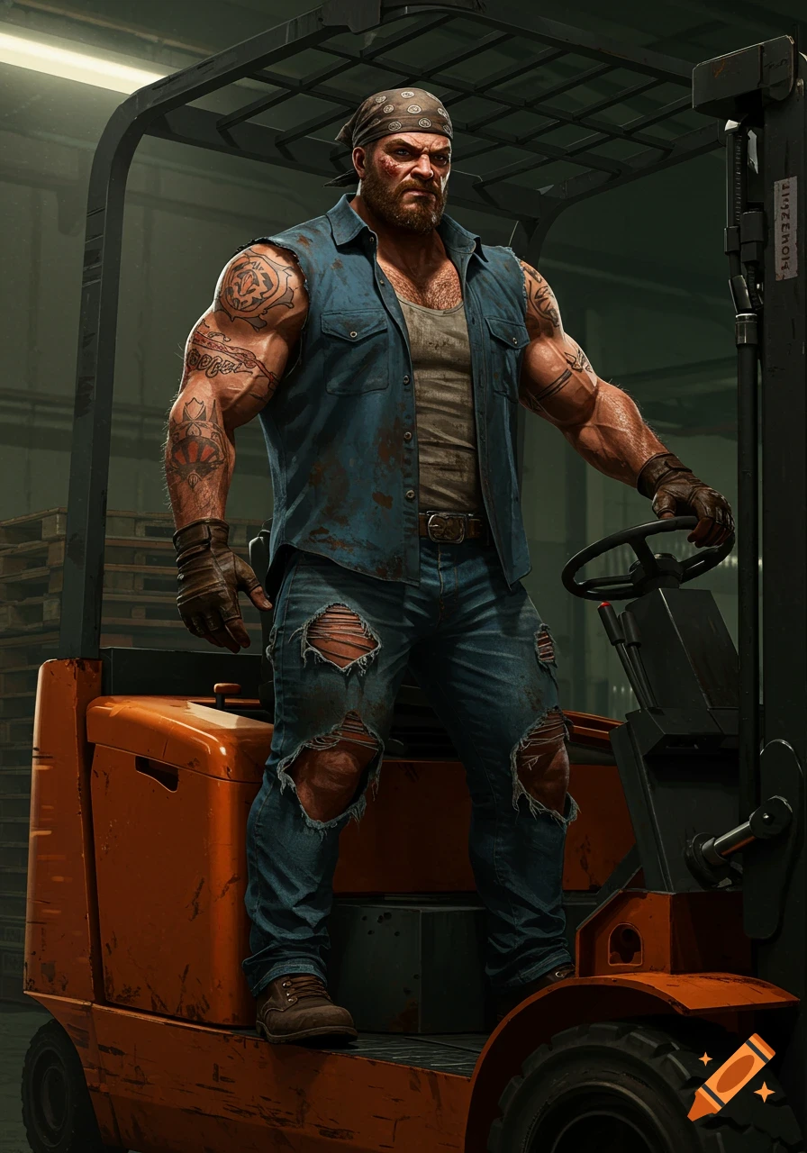 Muscular man with tattoos on a forklift in a workshop.
