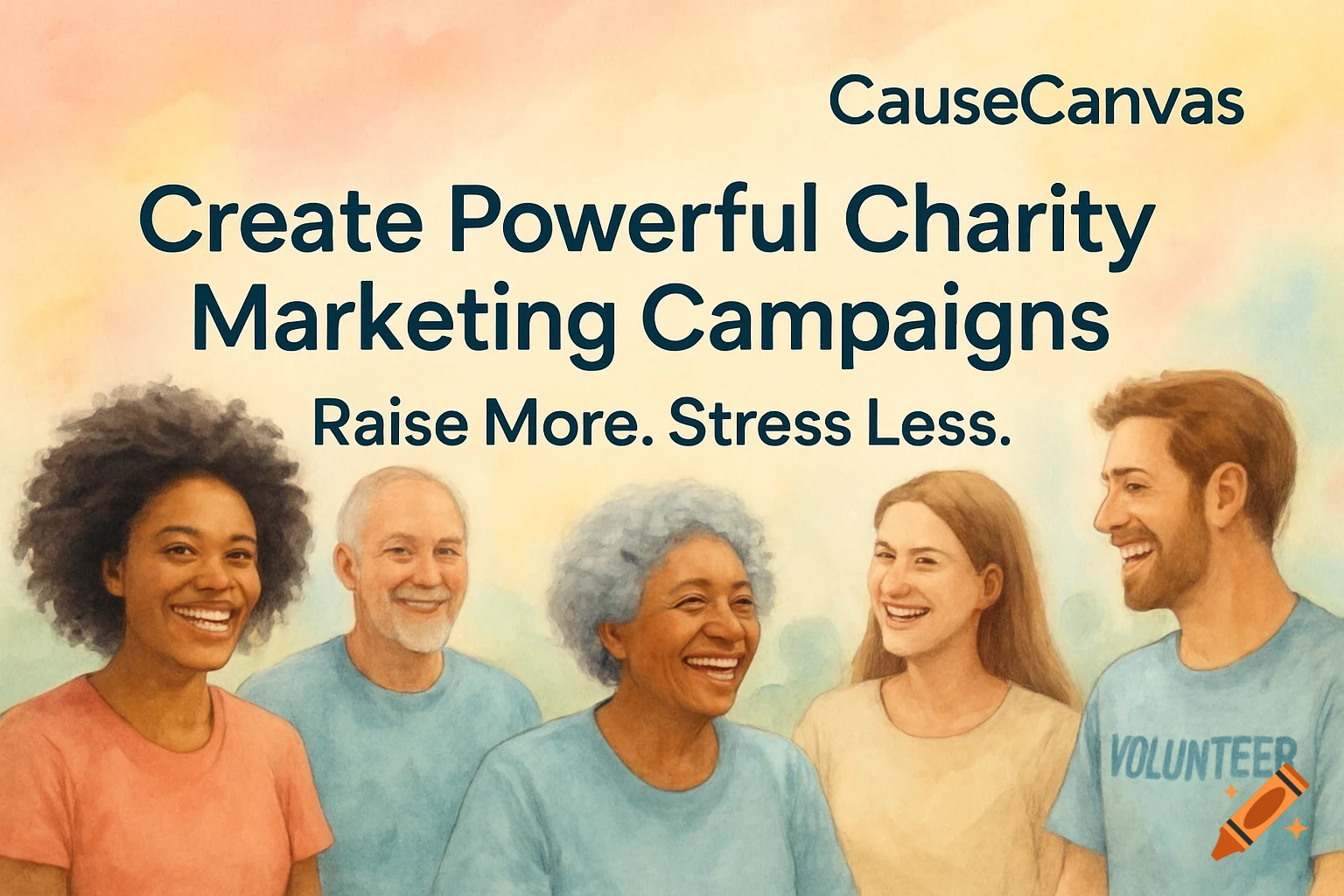 Watercolor illustration of diverse smiling people with text overlay about charity marketing campaigns.