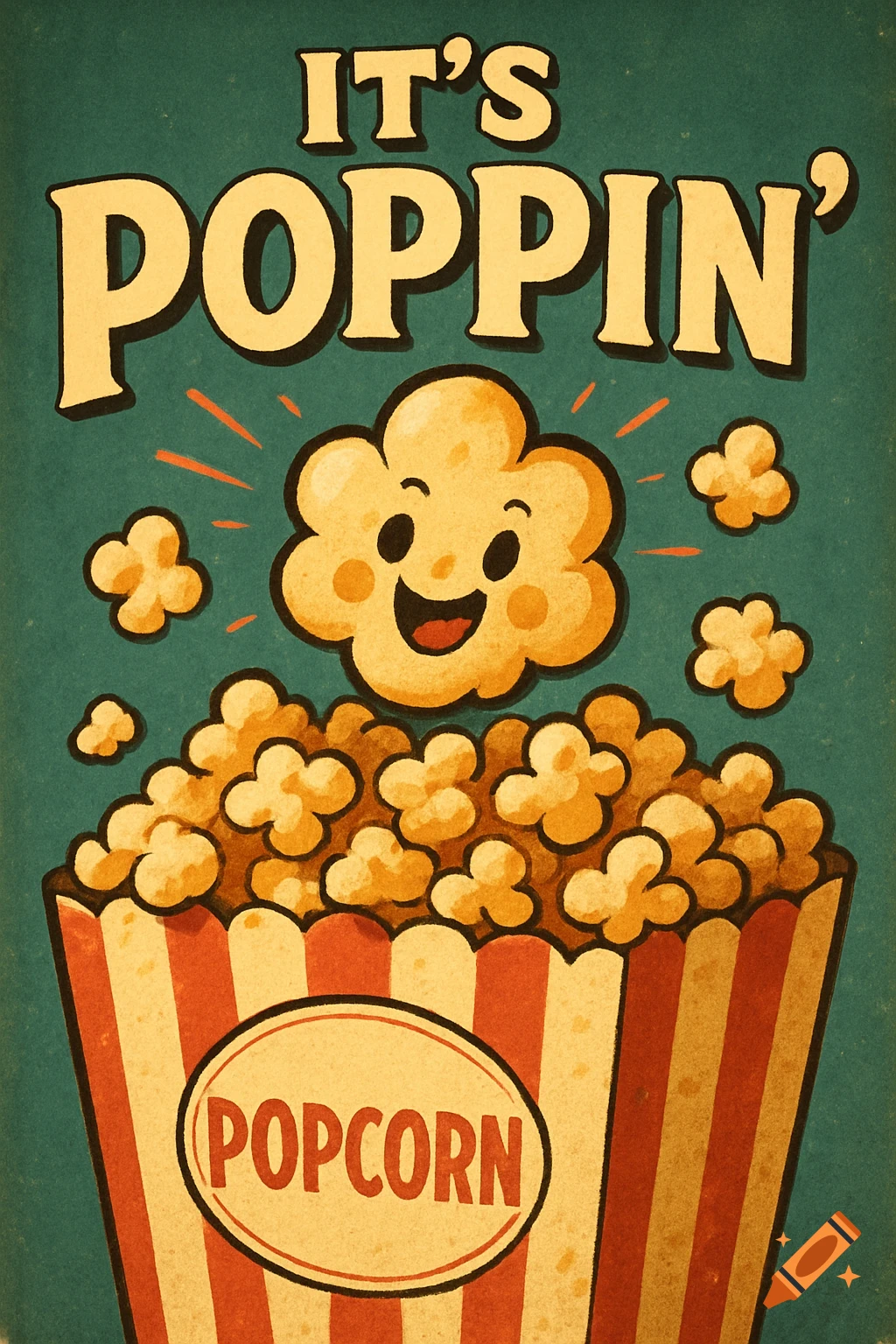 Vintage style illustration of a smiling cartoon popcorn kernel in a striped box of popcorn, with text "IT'S POPPIN'" and "POPCORN".