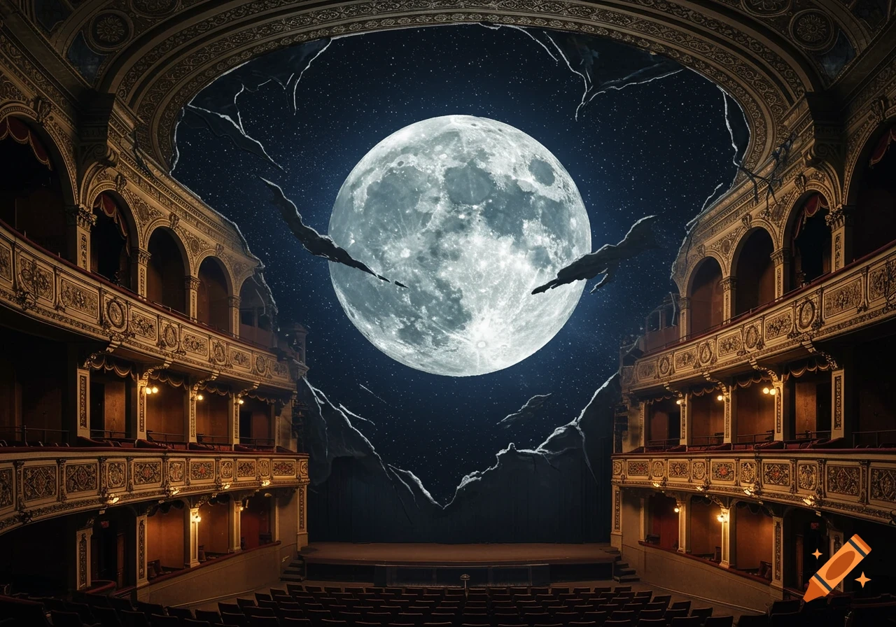 Grand theatre with its roof ripped off, revealing a large full moon and starry night sky over the stage.