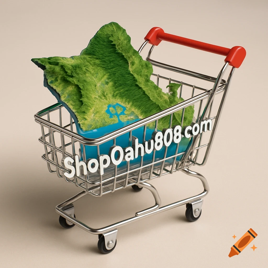 A 3D map of Oahu sits in a miniature shopping cart with ShopOahu808.com across the side.