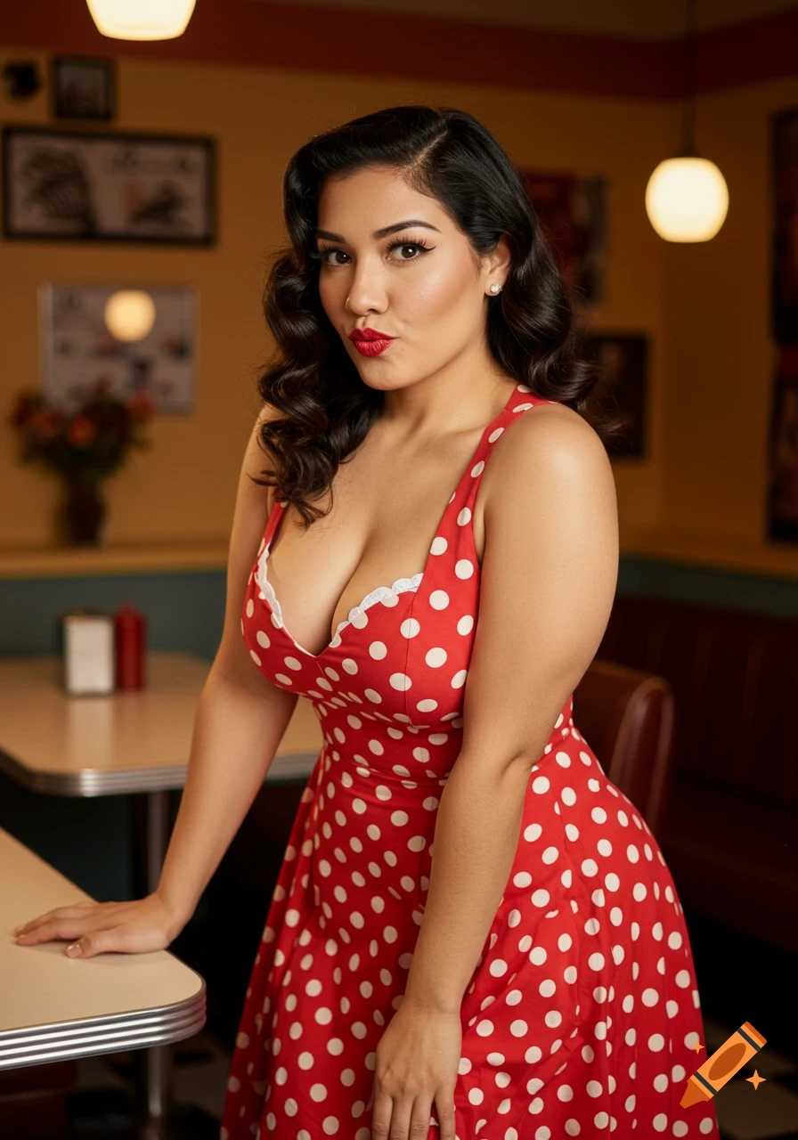 Woman in red polka dot dress poses in a diner