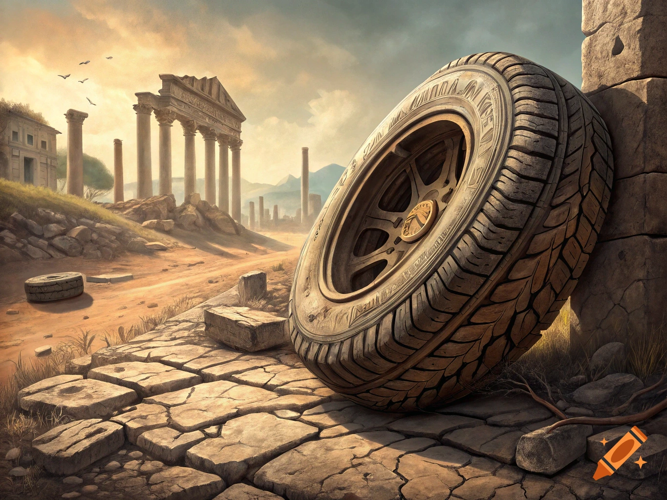An ancient tire leaning against stone ruins in a desolate landscape with more Roman-style ruins in the background.