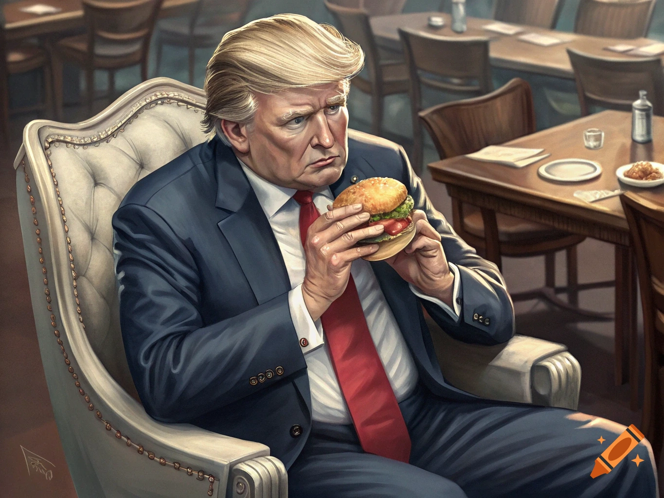 Donald Trump sitting in a chair, holding a cheeseburger in a restaurant setting.