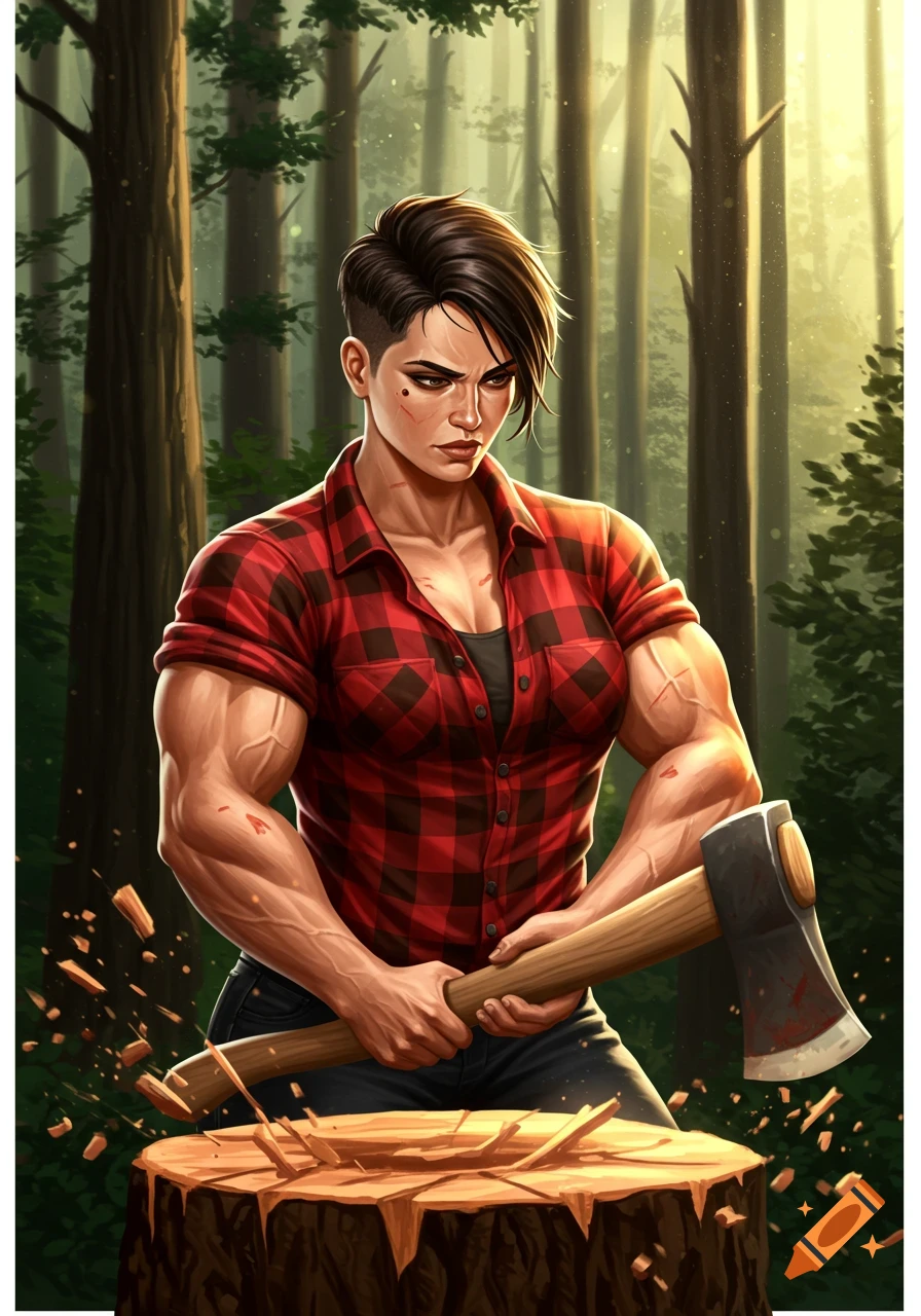Muscular woman with an axe chops wood in a sunlit forest.