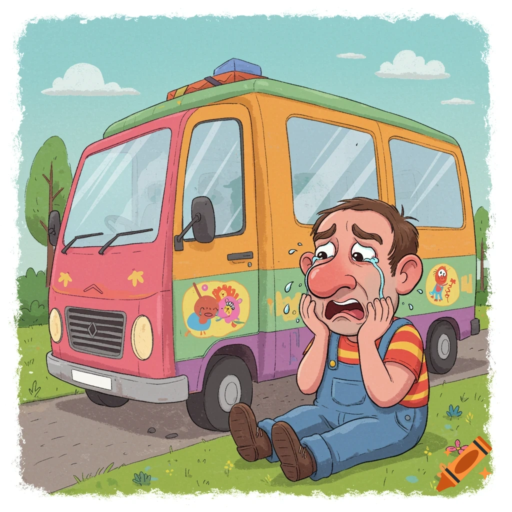 A man cries while sitting on the ground next to a colorful van in a children's book illustration style.
