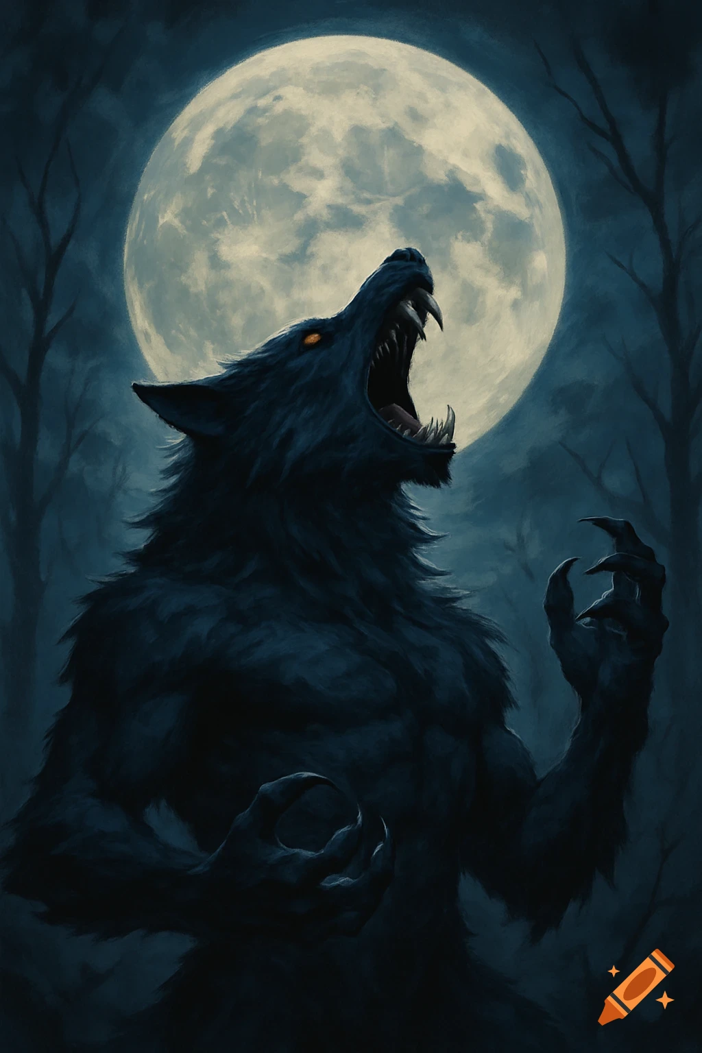 A dark werewolf howls at a large full moon in a forest.