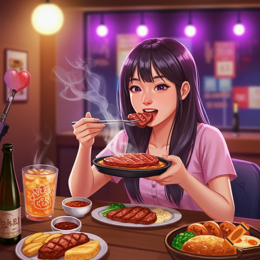 Anime girl eating steak and other food at a table in a restaurant.