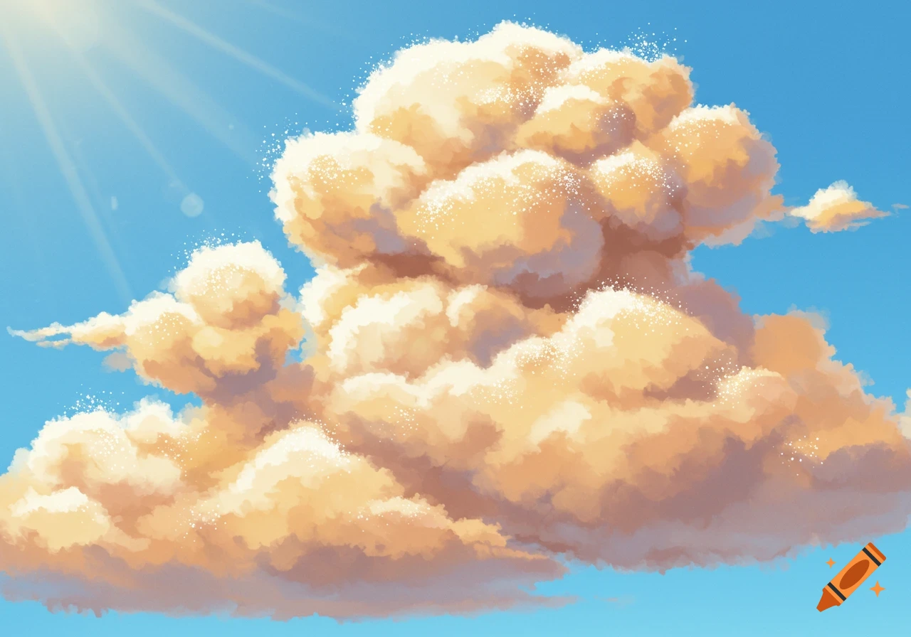 Illustrative image of fluffy, golden clouds in a bright blue sky with sparkling highlights and sun rays.