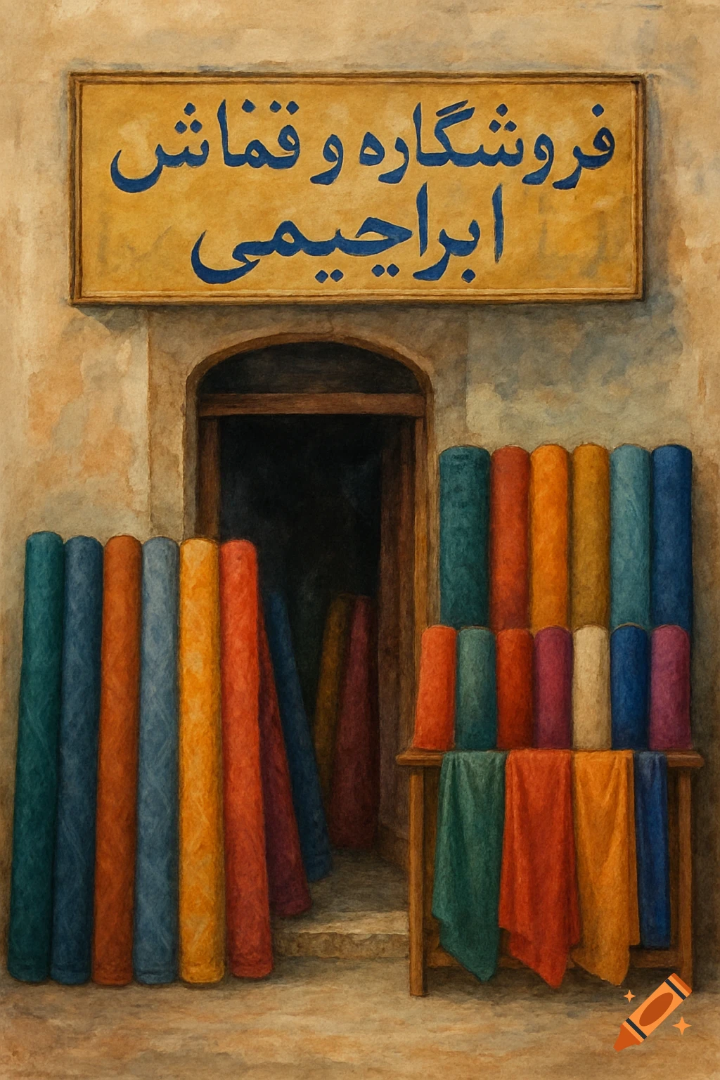 Painting of a fabric shop entrance with colorful rolls of cloth displayed outside.