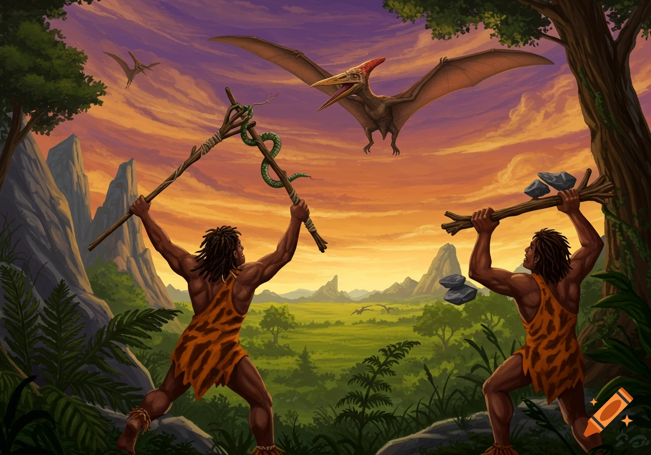 Two cavemen armed with primitive weapons fight a pterodactyl in a prehistoric landscape illustration.