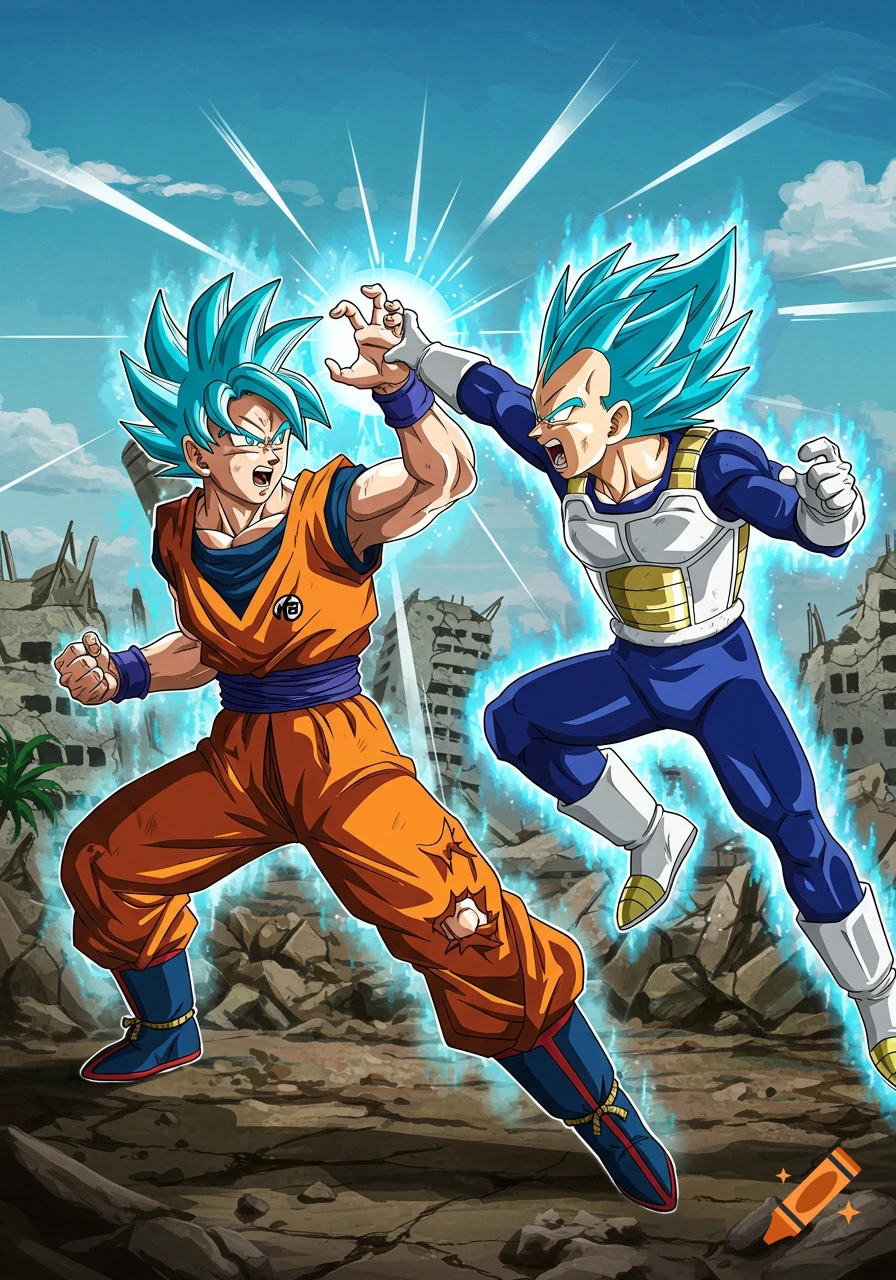 Goku and Vegeta, in Super Saiyan Blue form, fighting in a destroyed city.