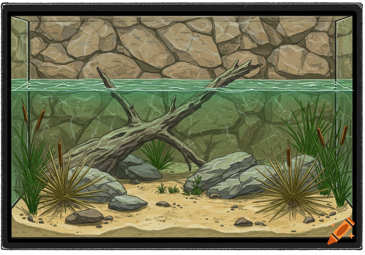 Illustration of an aquarium tank with water, rocks, driftwood, cattails, and spiky plants.