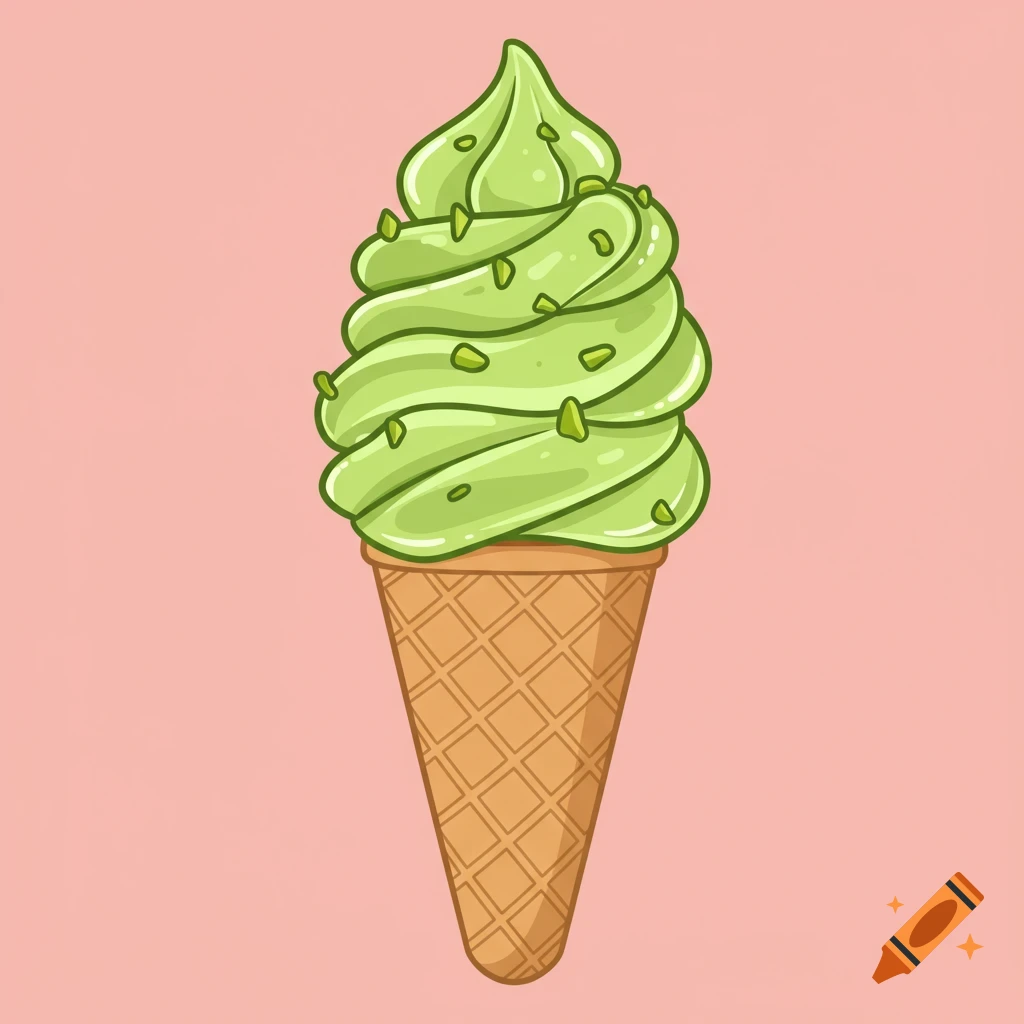 Cartoon style pistachio gelato in a waffle cone on a pink background.