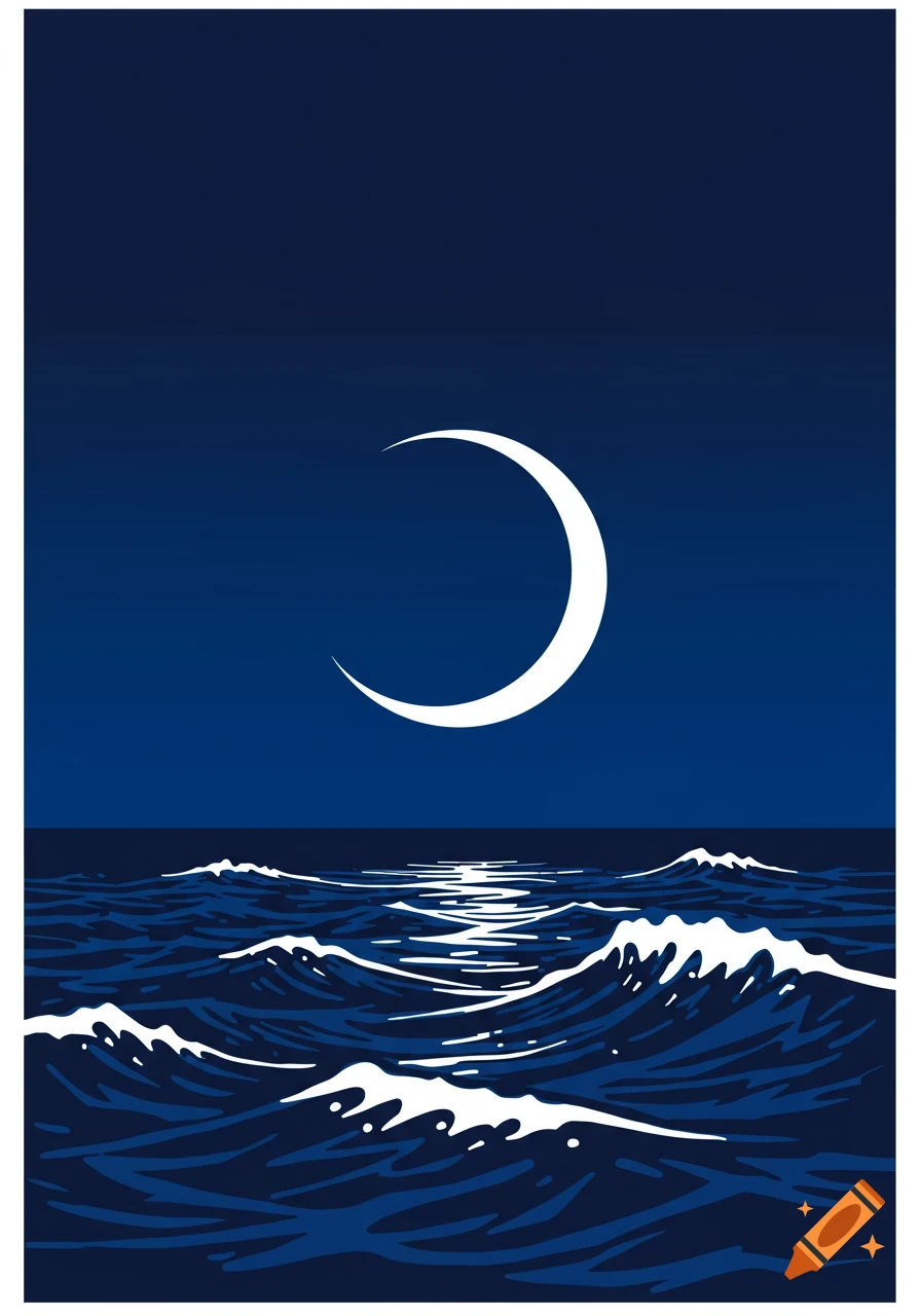 Stylized art of a white crescent moon in a dark blue sky over rough dark blue waves.