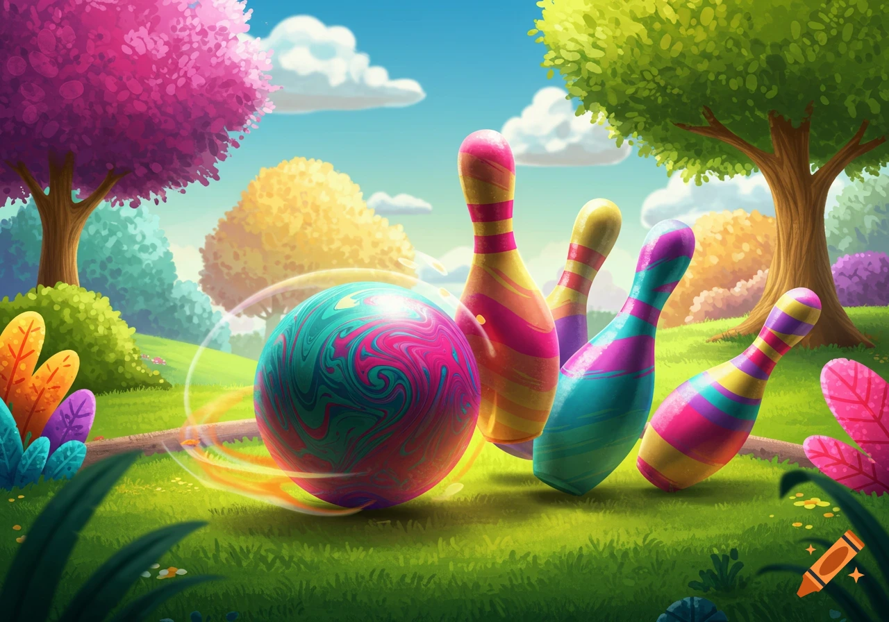 A colorful bowling ball rolls towards colorful pins in a whimsical outdoor landscape.