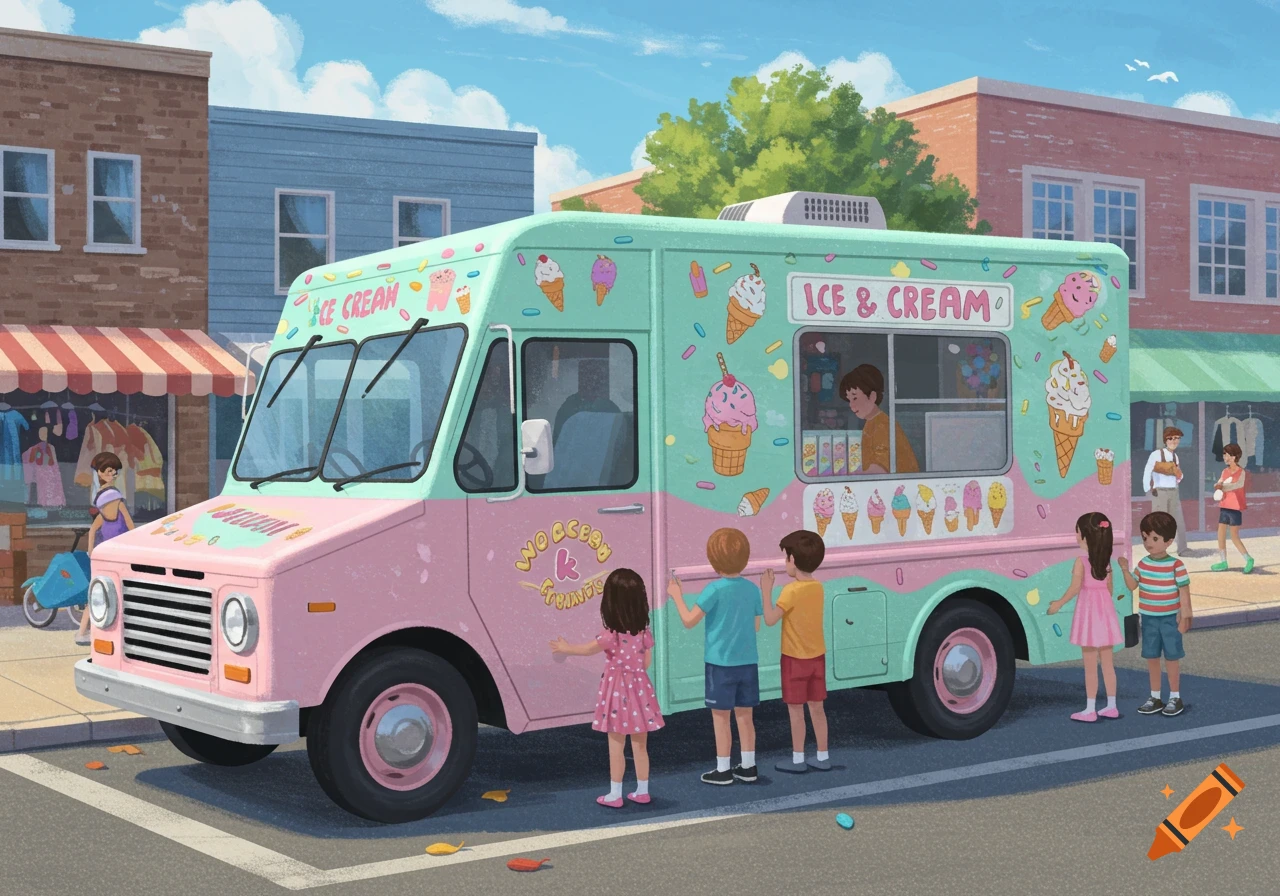 An illustrated scene of children buying ice cream from a pink and green ice cream truck on a street.