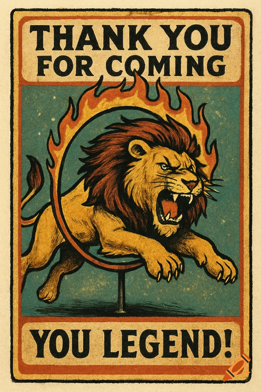 Vintage circus poster of a lion jumping through a flaming hoop with text