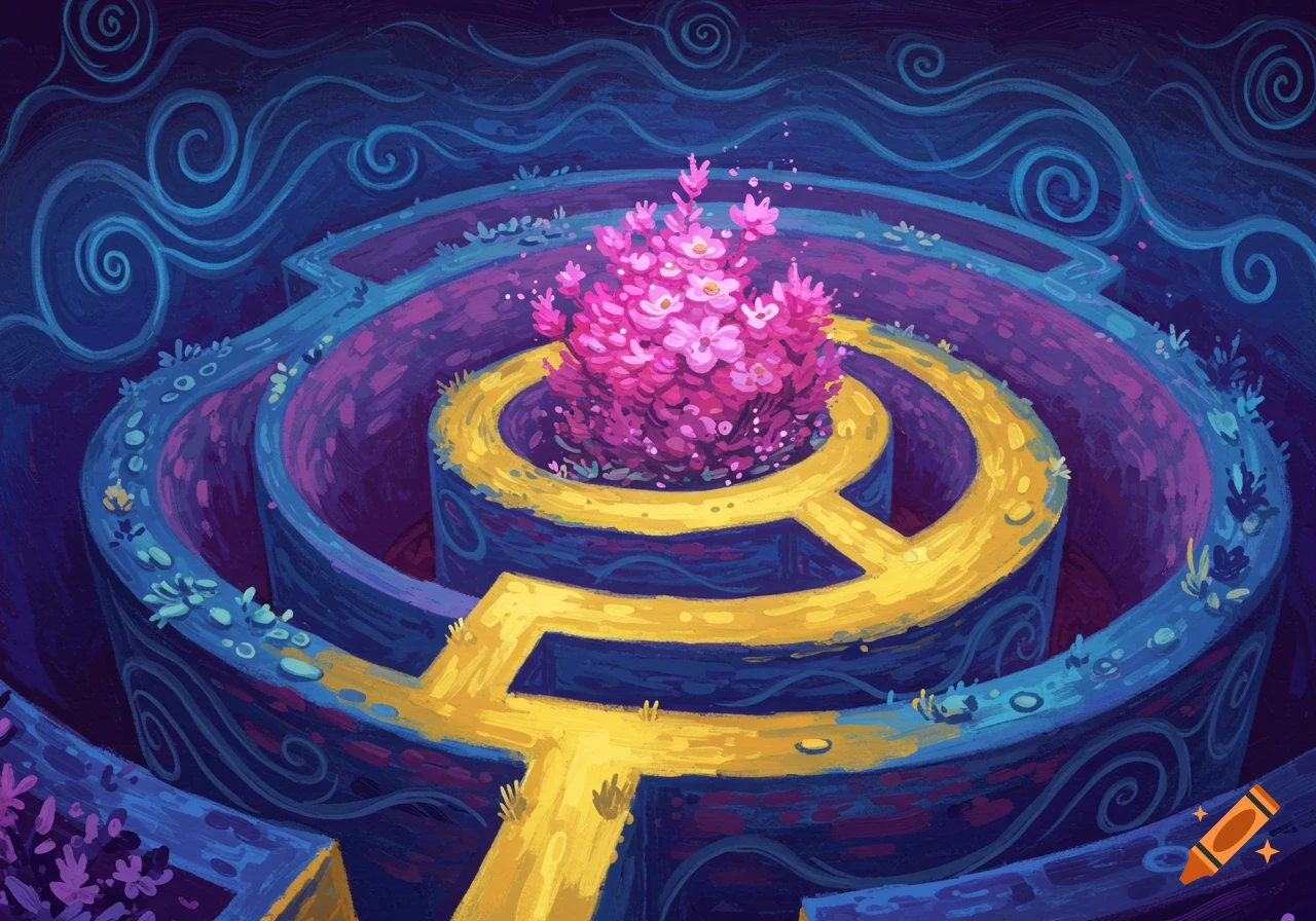 A vibrant, stylized maze with a path leading to a cluster of bright pink flowers at the center.