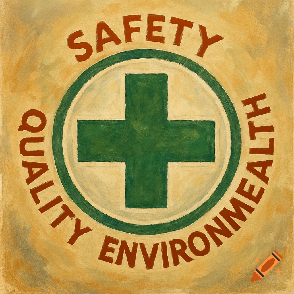 Artistic emblem with a green cross in a circle, surrounded by the words Safety, Quality, Environment, Health, in a painted style.