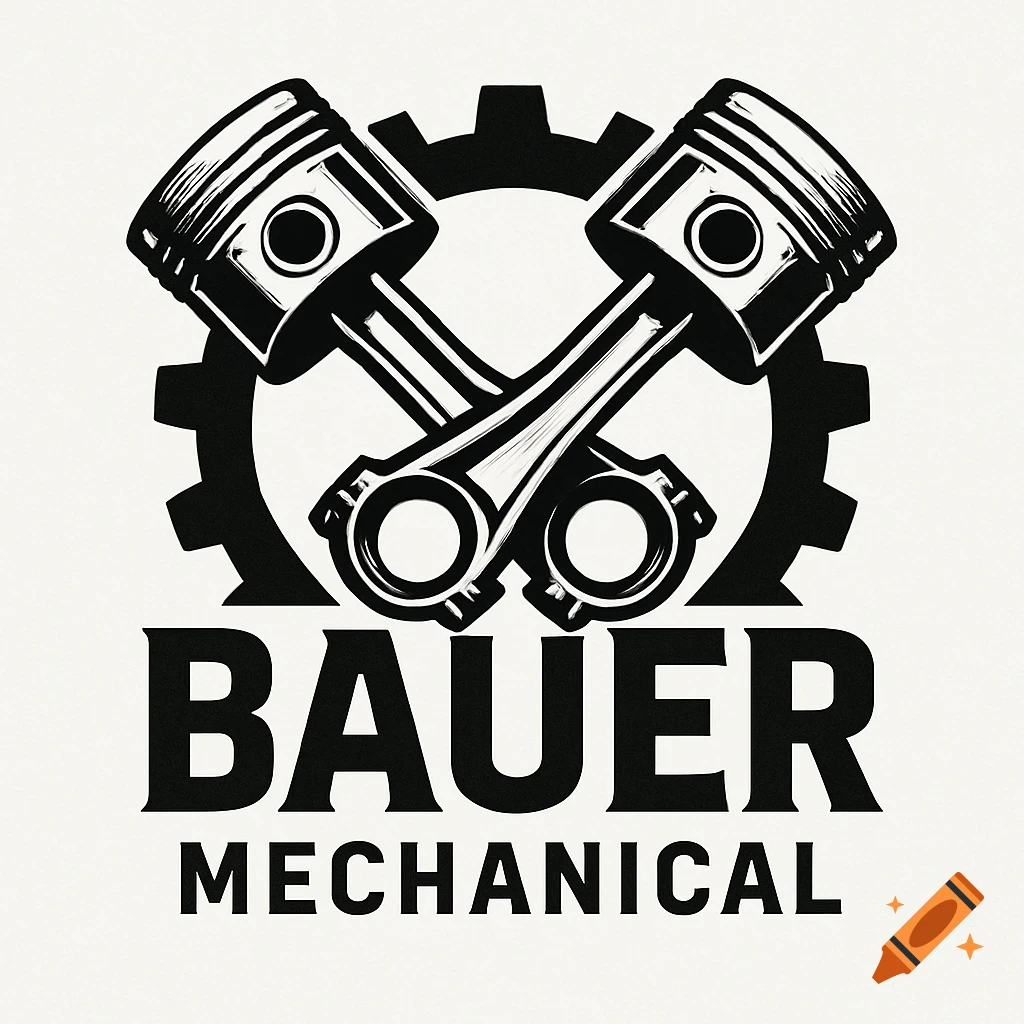 Black and white logo featuring crossed car pistons over a gear, with the text "BAUER MECHANICAL" below.
