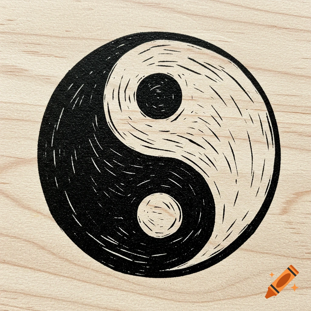 A black and white Yin Yang symbol in a woodcut style on a wood grain background.