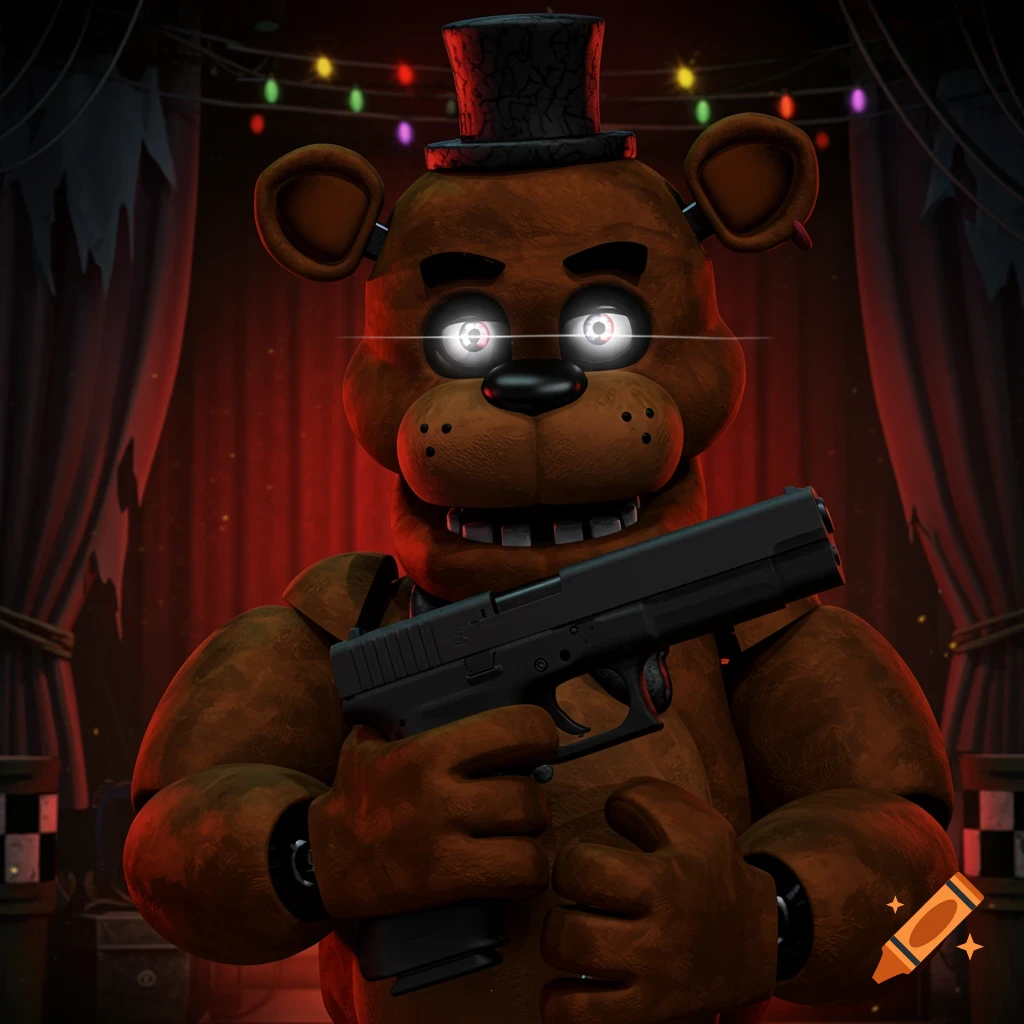 Freddy Fazbear holds a black handgun in front of red stage curtains.