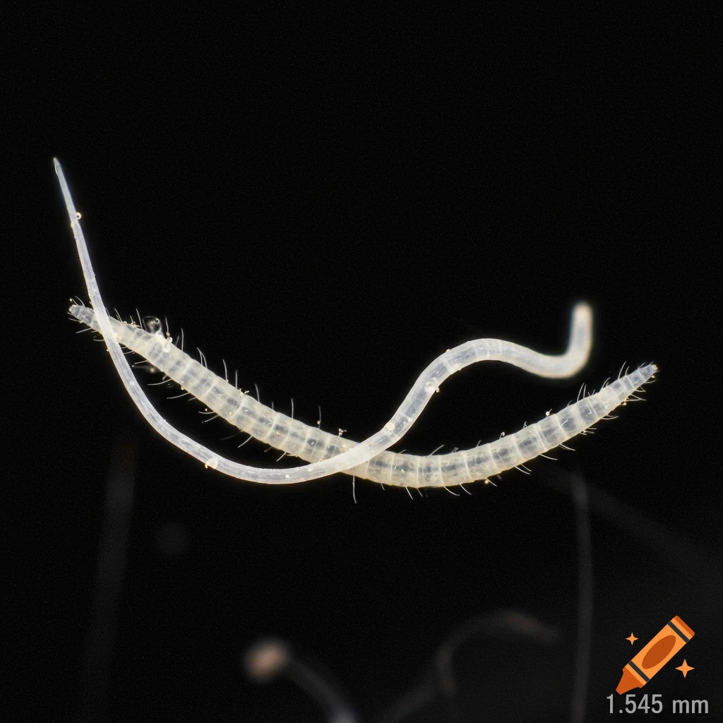 Two translucent, segmented worm-like creatures on a black background with a scale marker.