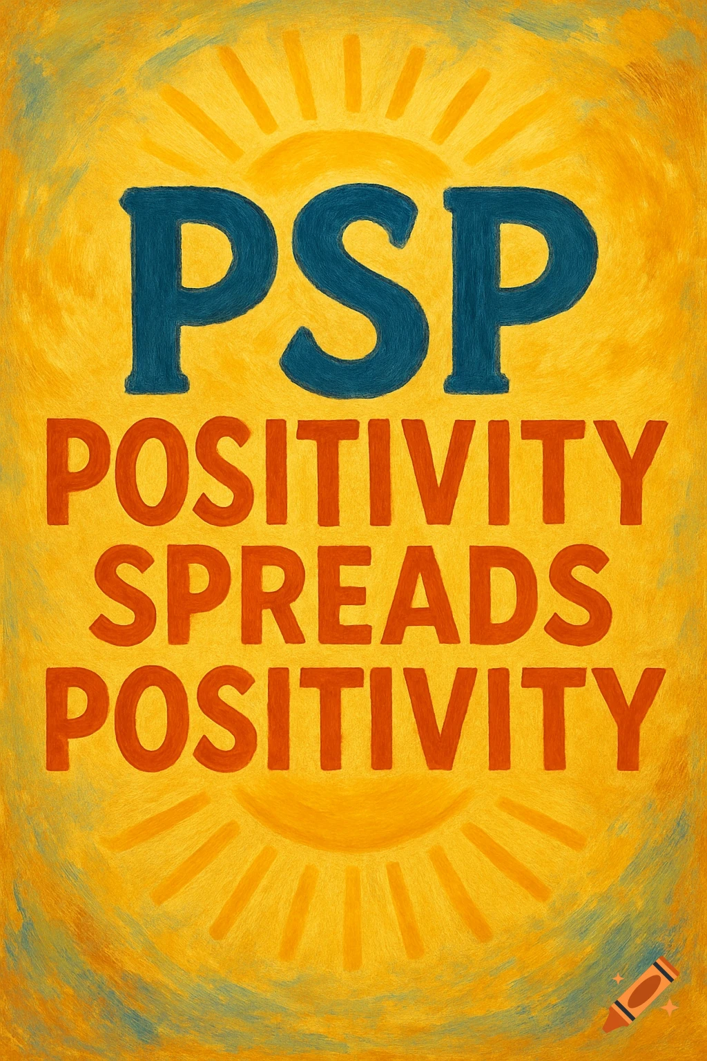 Poster with the text "PSP Positivity Spreads Positivity" in blue and orange on a yellow background with sun rays, in a painterly style.