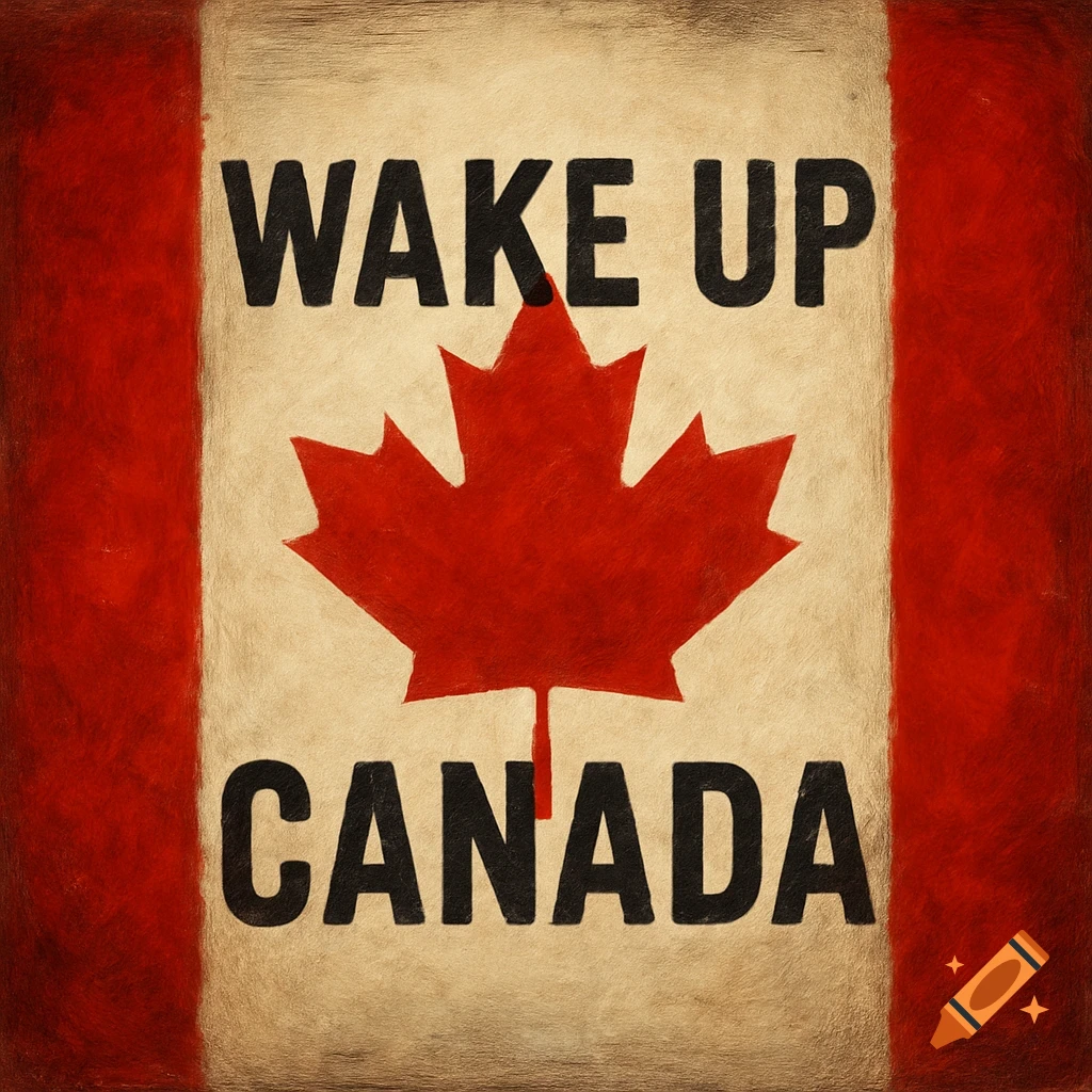 Canadian flag with the words Wake Up Canada painted on a textured canvas.