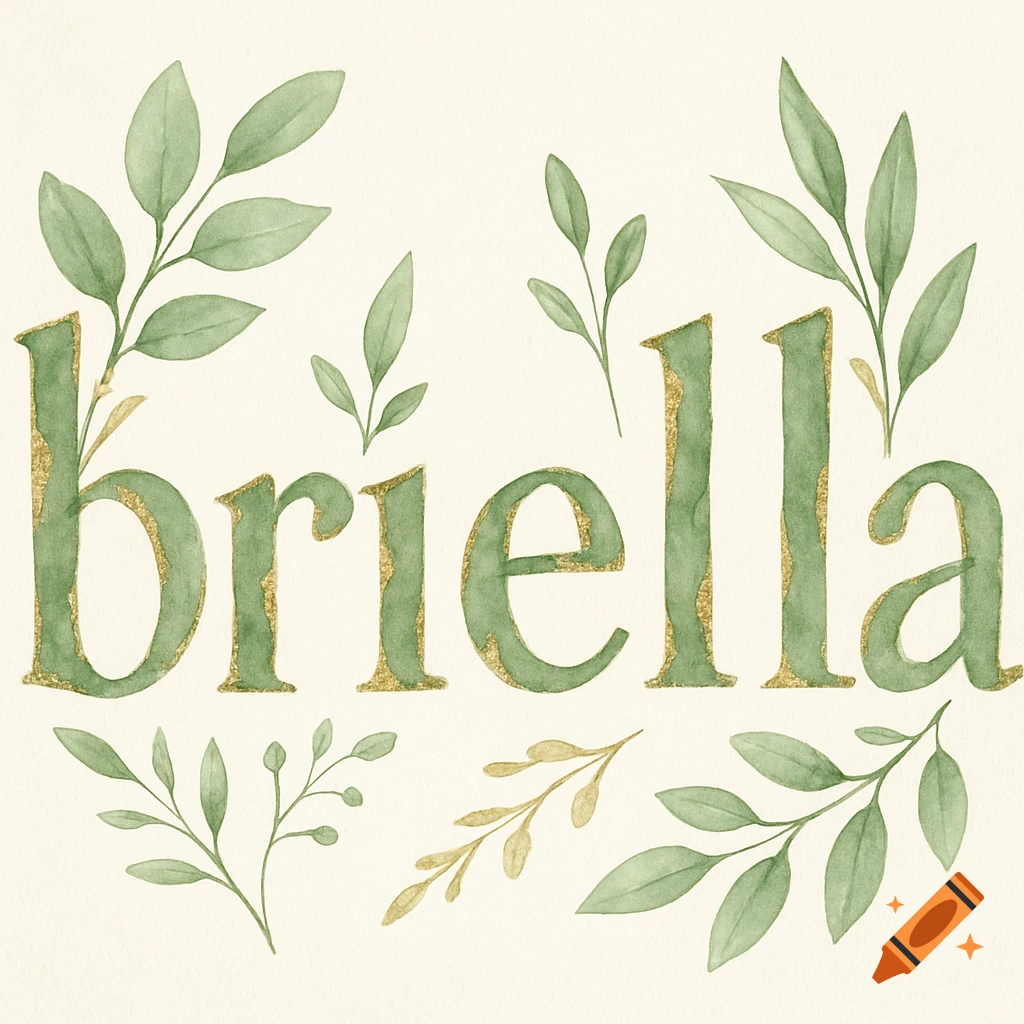 The name Briella rendered in green text with gold accents, surrounded by watercolor green leaves and branches.